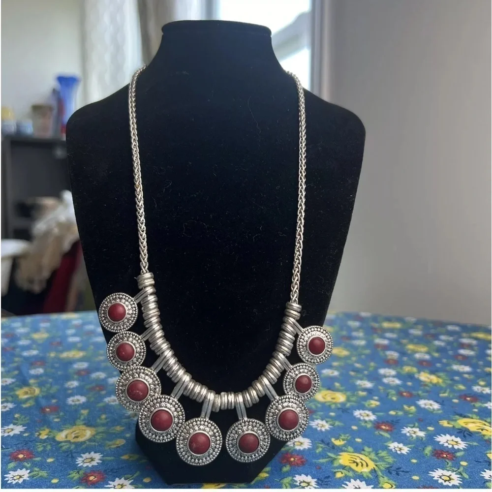 LUCKY BRAND Necklace 9 Silvertone Red Rhinestone Fringe Pendant Boho Gypsy Hipie
